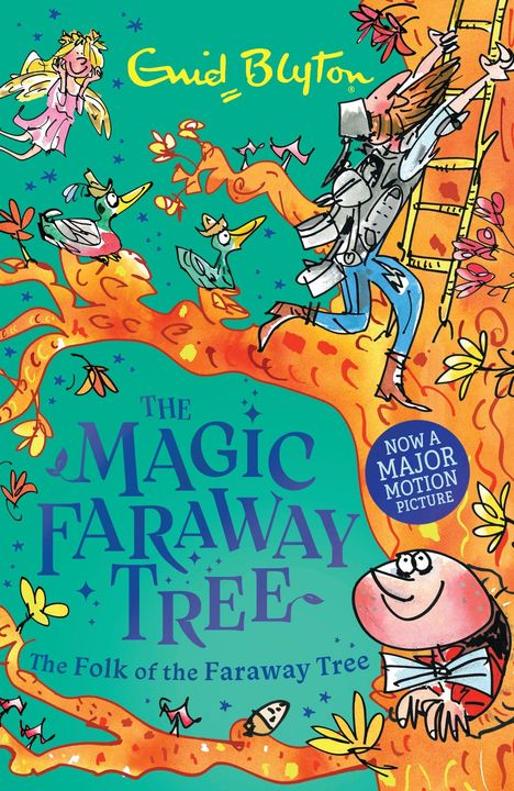 „The Magic Faraway Tree: The Folk of the Faraway Tree”, gelbe und blaue Schrift. Bunte Illustration mit Figuren und Baum.