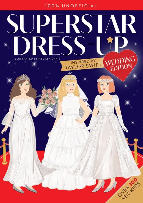 „Superstar Dress-Up: Wedding Edition“, inspiriert von Taylor Swift. Drei Bräute in weißen Kleidern.