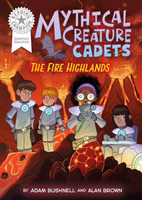 "MYTHICAL CREATURE CADETS: The Fire Highlands". Eine Illustration von Kindern in futuristischen Anzügen vor Lava und Vulkanen.