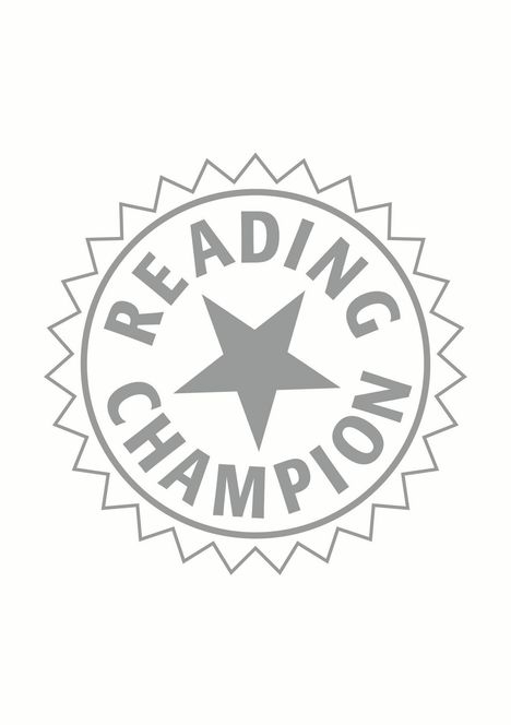Text: "READING CHAMPION". Sternförmiges Logo in der Mitte mit gezacktem Rand.