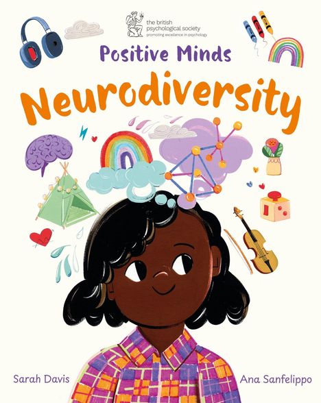 "Positive Minds Neurodiversity" in lebendigen Farben. Illustration eines Kindes mit vielfältigen Symbolen über dem Kopf.