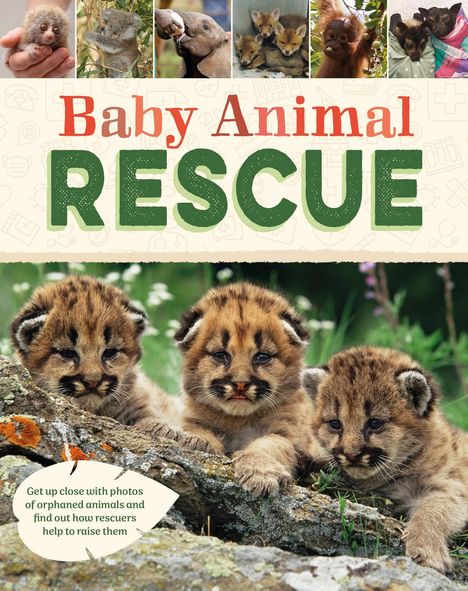 „Baby Animal Rescue“; „Get up close with photos...“; Oben kleine Tiere, unten drei junge Wildkatzen auf Felsen.