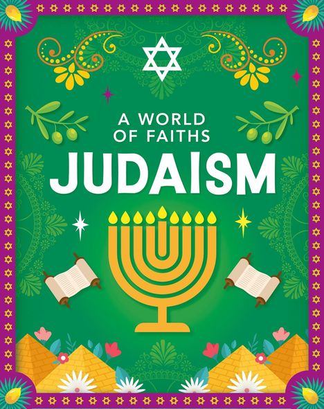 Text: "A World of Faiths - Judaism". Illustration mit Menora, zwei Schriftrollen, Davidstern und dekorativen Elementen.