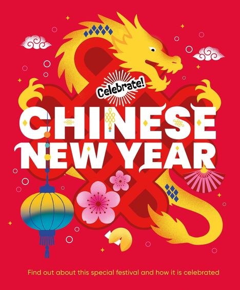 Text: "Celebrate! CHINESE NEW YEAR". Illustration: Gelber Drache, Laterne, Blüten auf rotem Hintergrund.