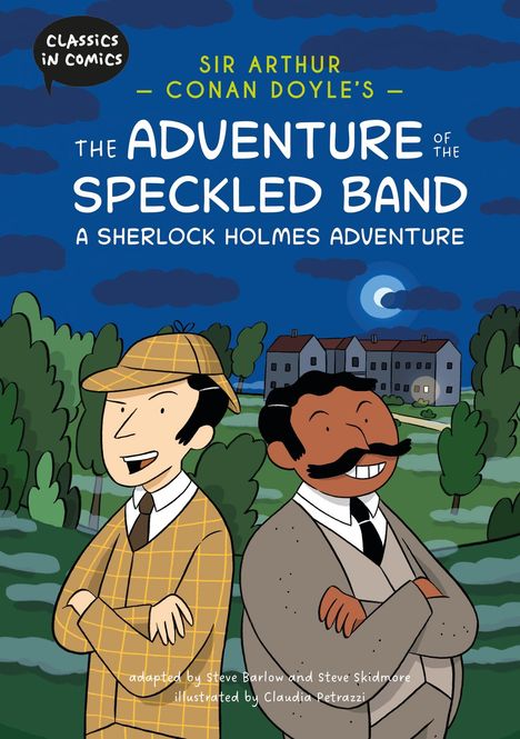 Titel: "The Adventure of the Speckled Band: A Sherlock Holmes Adventure". Zwei lächelnde Figuren im Vordergrund, eine im karierten Mantel und Hut, die andere im Anzug.