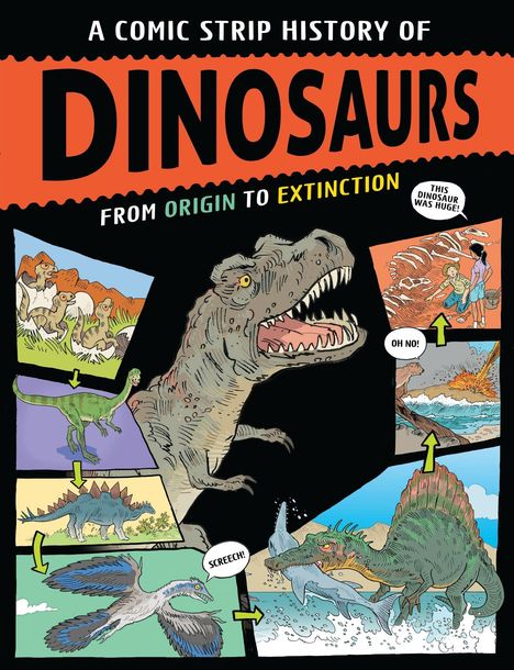 „A Comic Strip History of Dinosaurs. From Origin to Extinction“. Illustrationen von Dinosauriern in verschiedenen Szenen.