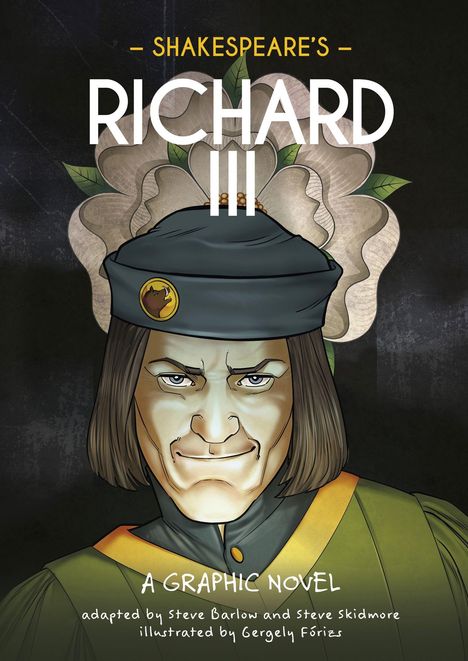 "SHAKESPEARE'S RICHARD III" darüber eine große Rose. Ein Mann mit grimmigem Gesichtsausdruck trägt eine Mütze.