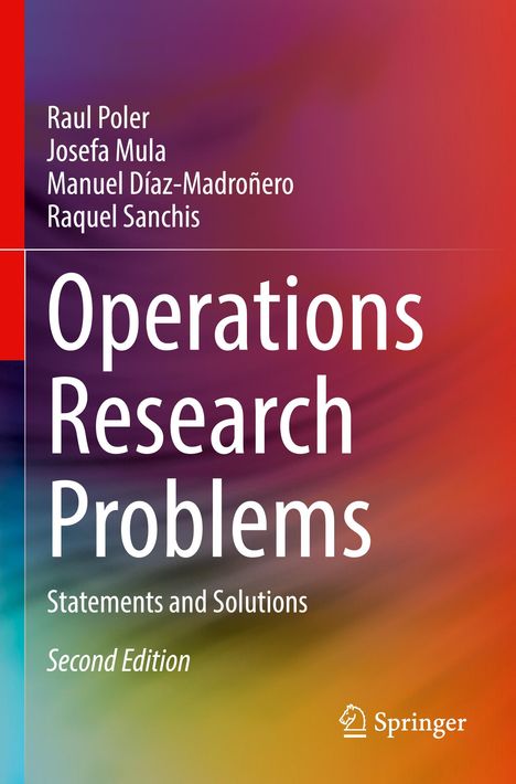 "Operations Research Problems, Statements and Solutions, Second Edition" von Raul Poler et al., rotes und blaues Farbverlauf-Design.