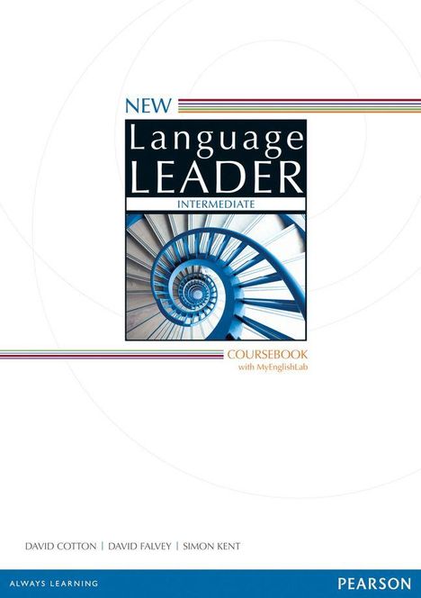 Text: "NEW Language LEADER INTERMEDIATE". Bild: Spiralförmige Treppe in Blau und Weiß.