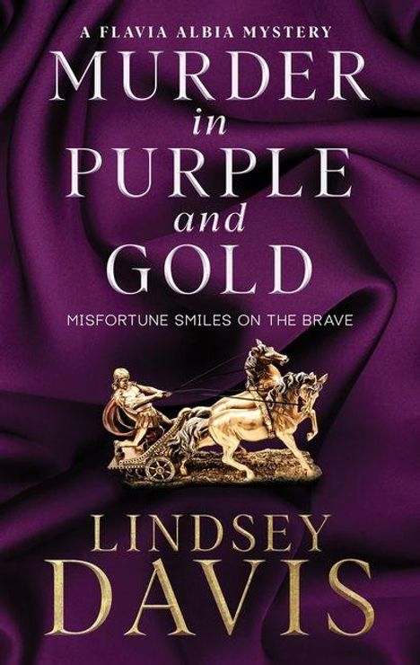 Titel: "Murder in Purple and Gold". Untertitel: "Misfortune Smiles on the Brave". Skulptur von Wagen mit zwei Pferden.