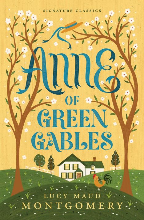 "Anne of Green Gables" in blauer Schrift, darunter ein Bauernhaus mit Bäumen und Blumen. Ein Hahn steht auf einer Wiese.