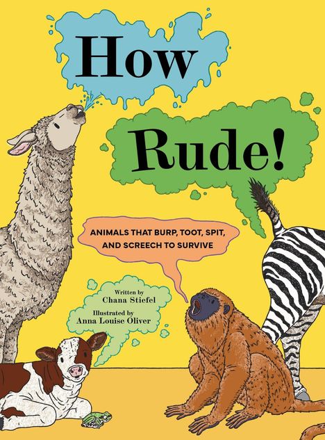 „How Rude!“ in großen Buchstaben. Illustration mit Lama, Zebra, Affe, Kuh und Frosch. Bunte Sprechblasen.