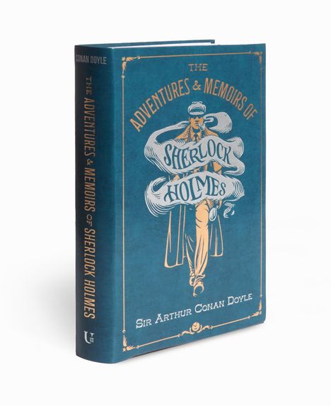 Buch mit blauem Umschlag, goldenem Text: "The Adventures & Memoirs of Sherlock Holmes" von Sir Arthur Conan Doyle.