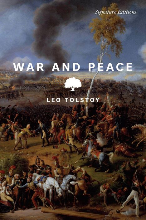 "War and Peace", Leo Tolstoy. Eine historische Schlacht mit Soldaten, Pferden und Rauch unter dramatischem Himmel.