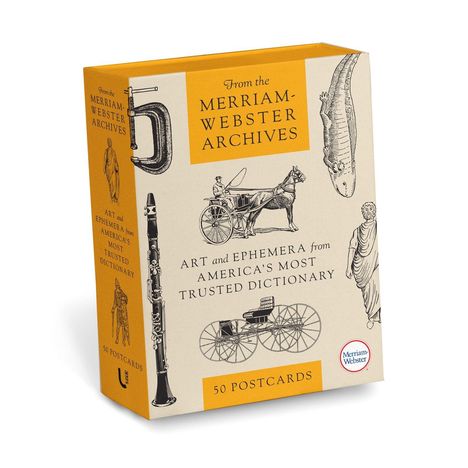 "From the Merriam-Webster Archives", Illustrationen von historischen Objekten wie Kutsche, Klarinette und antiker Statue.