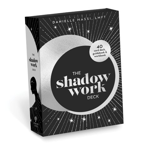 "Danielle Massi, LMFT. The Shadow Work Deck. 40 card deck, guidebook & workbook." Schwarzes Design mit Sternen und Silhouette.