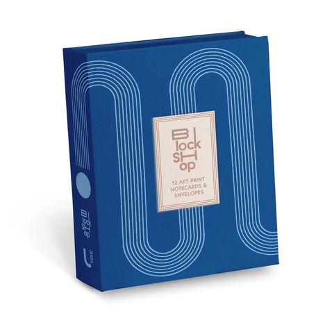 Block Shop: 12 Art Print Notecards & Envelopes. Blaues Design mit weißen Linien und modernem Schriftzug.