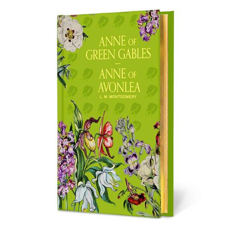 Titel: "Anne of Green Gables - Anne of Avonlea" von L. M. Montgomery. Cover mit bunten Blumen auf grünem Hintergrund.
