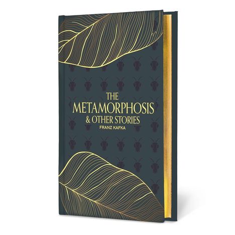 "THE METAMORPHOSIS & OTHER STORIES" von Franz Kafka. Dunkle Umschlaggestaltung mit goldenen Blattmustern.