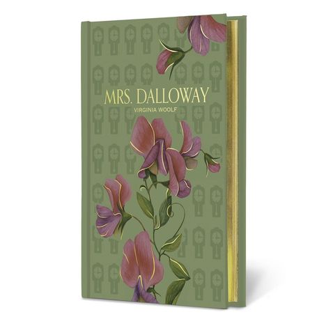 Grüne Buchhülle mit dem Text "Mrs. Dalloway" und "Virginia Woolf", darauf violette Blumen und goldene Buchseiten.