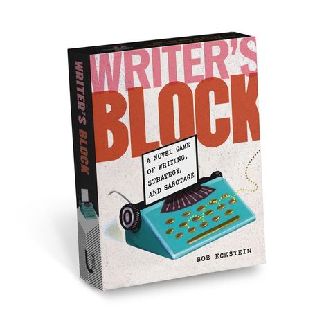 Text: "WRITER'S BLOCK", "A Novel Game of Writing, Strategy, and Sabotage", "BOB ECKSTEIN". Illustration: Schreibmaschine.