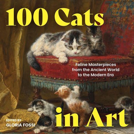 "100 Cats in Art" und "Feline Masterpieces from the Ancient World to the Modern Era" sind vor einer Katzenszene platziert.