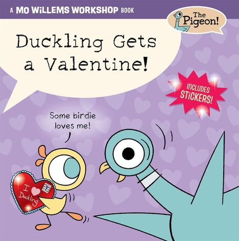 „Duckling Gets a Valentine!“ und „INCLUDES STICKERS!“ auf lila Hintergrund mit zwei gezeichneten Vögeln.