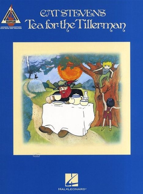 "CAT STEVENS, Tea for the Tillerman." Illustration: Ein Mann sitzt am Tisch, ein Kind schaut von einem Baum, große Sonne im Hintergrund.