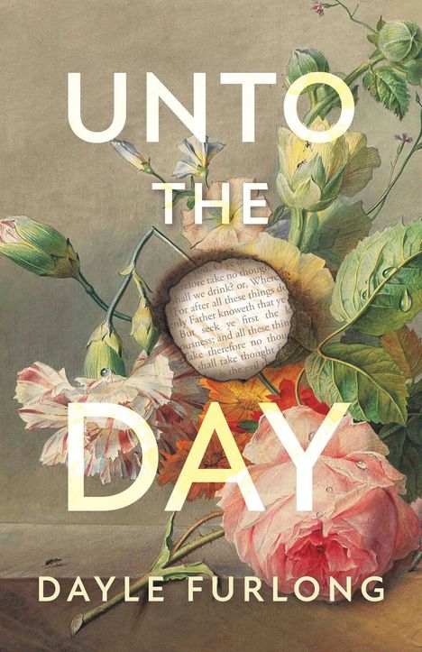 „UNTO THE DAY, DAYLE FURLONG“. Eine detaillierte Blumenillustration mit einem eingebrannten Loch in einer Seite.