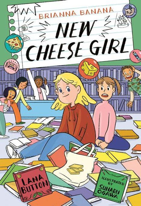 "BRIANNA BANANA NEW CHEESE GIRL" steht auf einem Notizblatt. Illustration: Mädchen in chaotischer Bibliothek mit Büchern.
