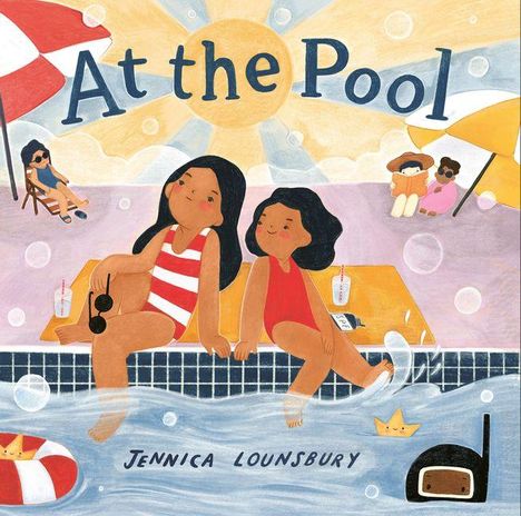 "At the Pool" oben in großen Buchstaben. Zwei Mädchen am Beckenrand, Menschen entspannen, Sonne scheint, sommerliche Szene.