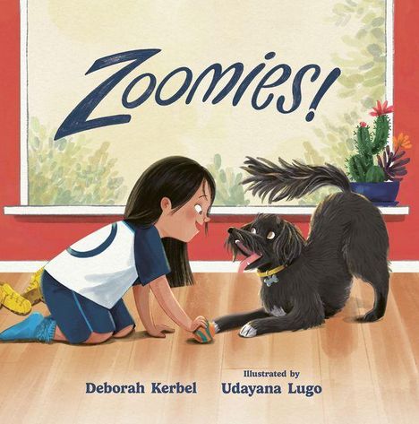 "Zoomies!" zeigt ein Kind und einen Hund, die spielerisch miteinander interagieren, umgeben von Pflanzen auf einem Holzboden.