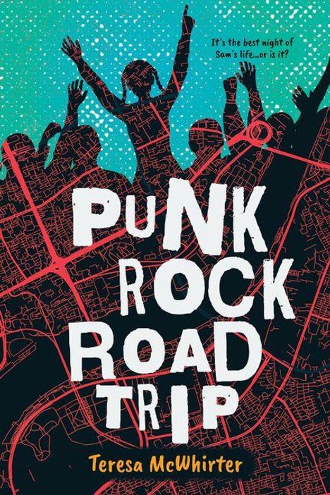 „Punk Rock Road Trip“ von Teresa McWhirter. Silhouetten von Menschen feiern vor einem Hintergrund mit Straßenkartenmotiv.