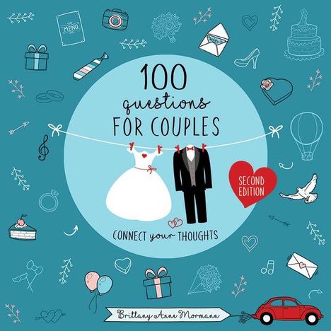 "100 questions for couples", "SECOND EDITION". Illustration mit Hochzeitskleid, Anzug, Herz, Taube, Auto, Geschenken und Ringen.