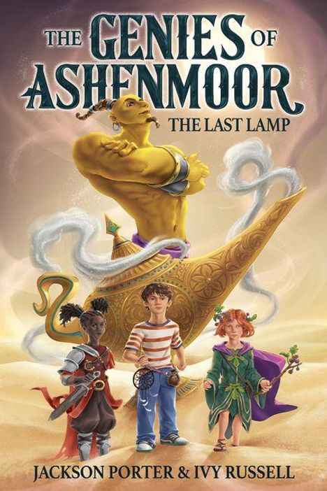 "The Genies of Ashenmoor: The Last Lamp" zeigt drei Kinder vor einer Lampe mit einem großen Flaschengeist.
