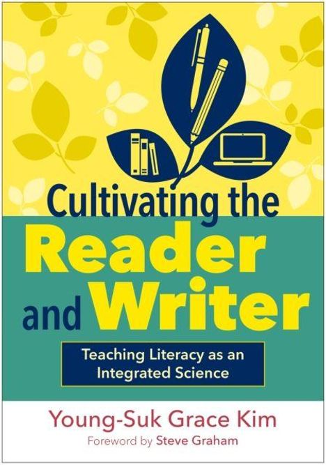 "Cultivating the Reader and Writer" in großen Lettern, mit pflanzlichen Symbolen und einem Buch, Bleistift und Laptop als Illustration.