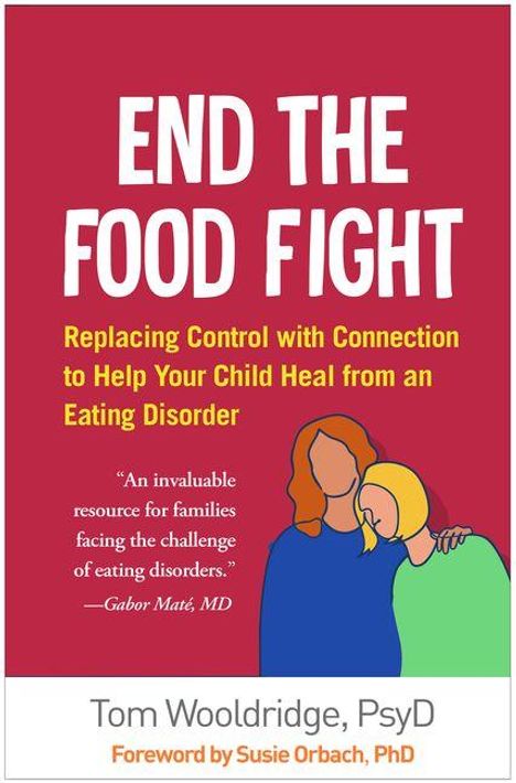 „END THE FOOD FIGHT“, ein Buchcover mit drei umarmenden Personen in stilisierter Illustration.