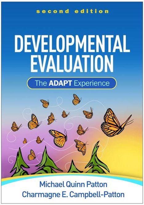 "Second edition", "Developmental Evaluation", "The ADAPT Experience". Illustration von Schmetterlingen über Bäumen.