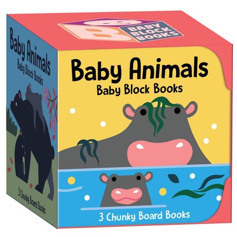 "Baby Animals. Baby Block Books" steht auf der Box. Sie zeigt Illustrationen von Tieren, darunter ein Nilpferd.