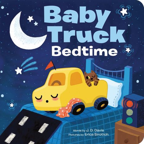 Text: "Baby Truck Bedtime". Illustration zeigt gelben LKW im Bett mit schlafender Katze und Nachtsternen.
