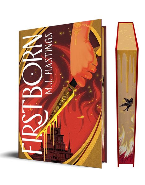 Text: Firstborn, M.J. Hastings. 

Illustration: Eine Hand hält ein verziertes Schwert vor rotem Wirbel-Design, darunter ein Gebäude. Rücken: Vogelmotiv.
