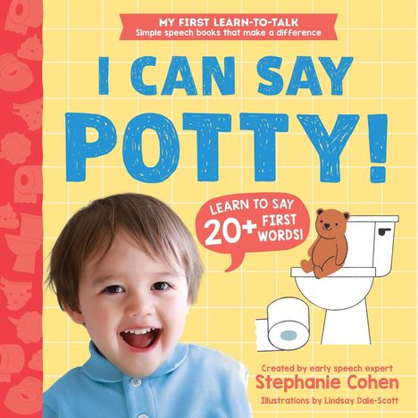 Der Text lautet: "I CAN SAY POTTY!", "LEARN TO SAY 20+ FIRST WORDS!", "Created by Stephanie Cohen". Ein lachendes Kind, ein Teddybär auf einer Toilette, gelber Hintergrund mit roten Symbolen an der Seite.