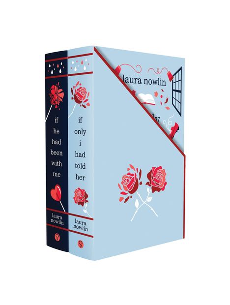 Zwei Buchrücken mit Titeln: "if he had been with me" und "if only I had told her" von laura nowlin, rote Rosenillustrationen.