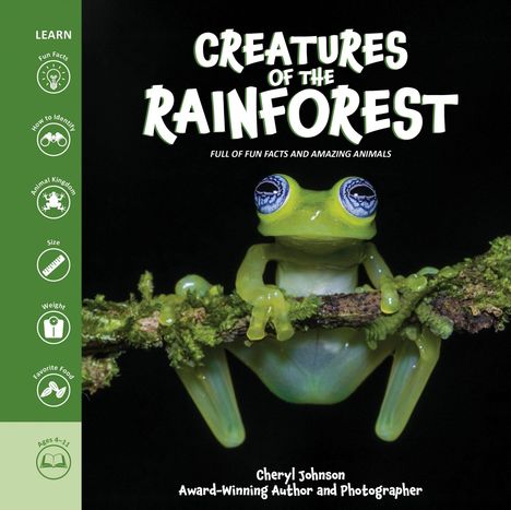 "Creatures of the Rainforest" steht groß oben. Darunter ein grüner Frosch auf einem Ast. Icons links mit Überschriften.