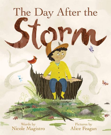"The Day After the Storm" steht oben. Ein Kind sitzt auf einem Baumstumpf, umgeben von Pflanzen, einem Vogel und Schmetterlingen.