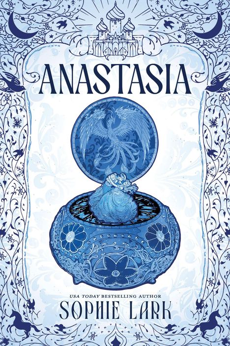 **ANASTASIA**: Aufwendige blaue Illustration mit Fabergé-Ei, Phönix und floralen Mustern. Autor: SOPHIE LARK.