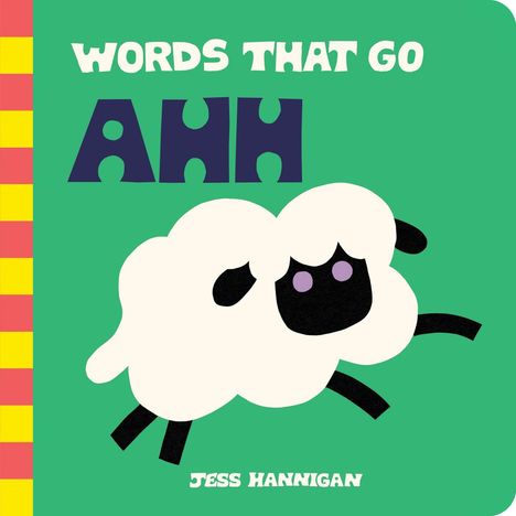 Text: "WORDS THAT GO AHH, Jess Hannigan". Illustration: Ein fröhliches Schaf mit lila Augen auf grünem Hintergrund.