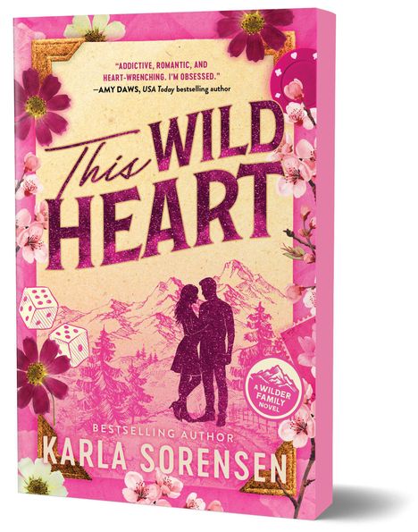 „ADDICTIVE, ROMANTIC, AND HEART-WRENCHING. I’M OBSESSED.“ Silhouettenpaar, Berge, Blumen, Würfel, rosa Hintergrund.
