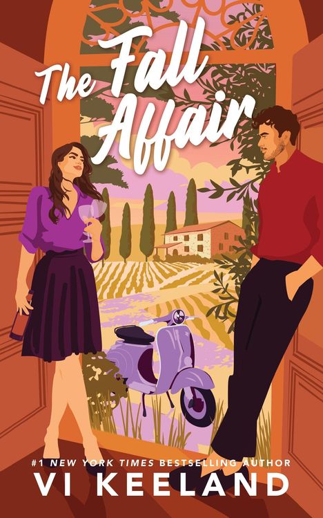 Text: "The Fall Affair" und "Vi Keeland". Eine Frau mit Weinglas und Mann lehnen in Türbogen, Vespa im Hintergrund.