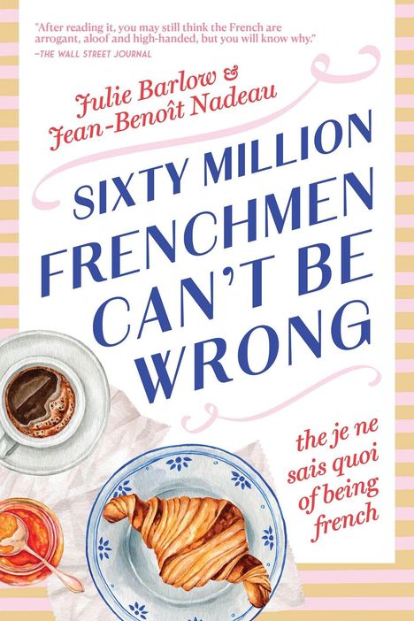 "Sixty Million Frenchmen Can't Be Wrong." Illustration: Kaffee, Croissant, Marmelade auf gestreiftem Hintergrund.